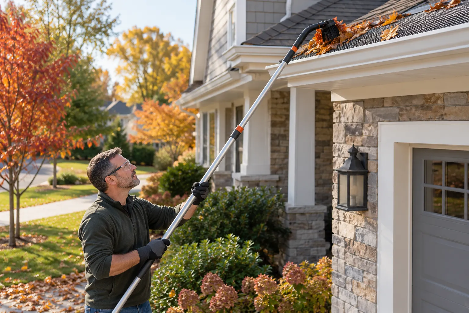 Homeowner clears leaves from a gutter guard using a ground-level extension tool