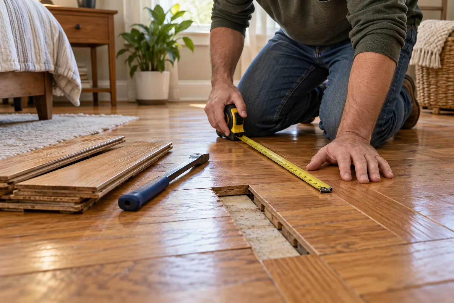 Homeowner kneeling on a hardwood floor and checking a marked squeaky spot before choosing a repair