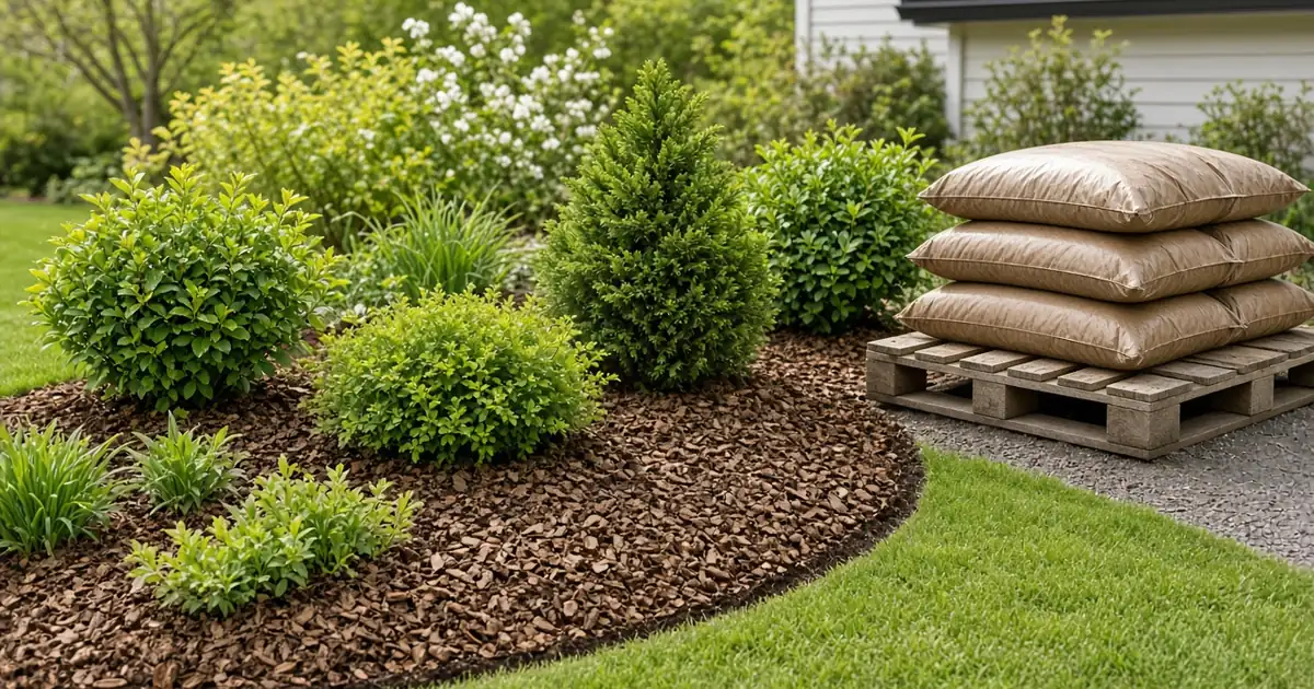 Mulched garden bed with stacked brown mulch bags on a pallet