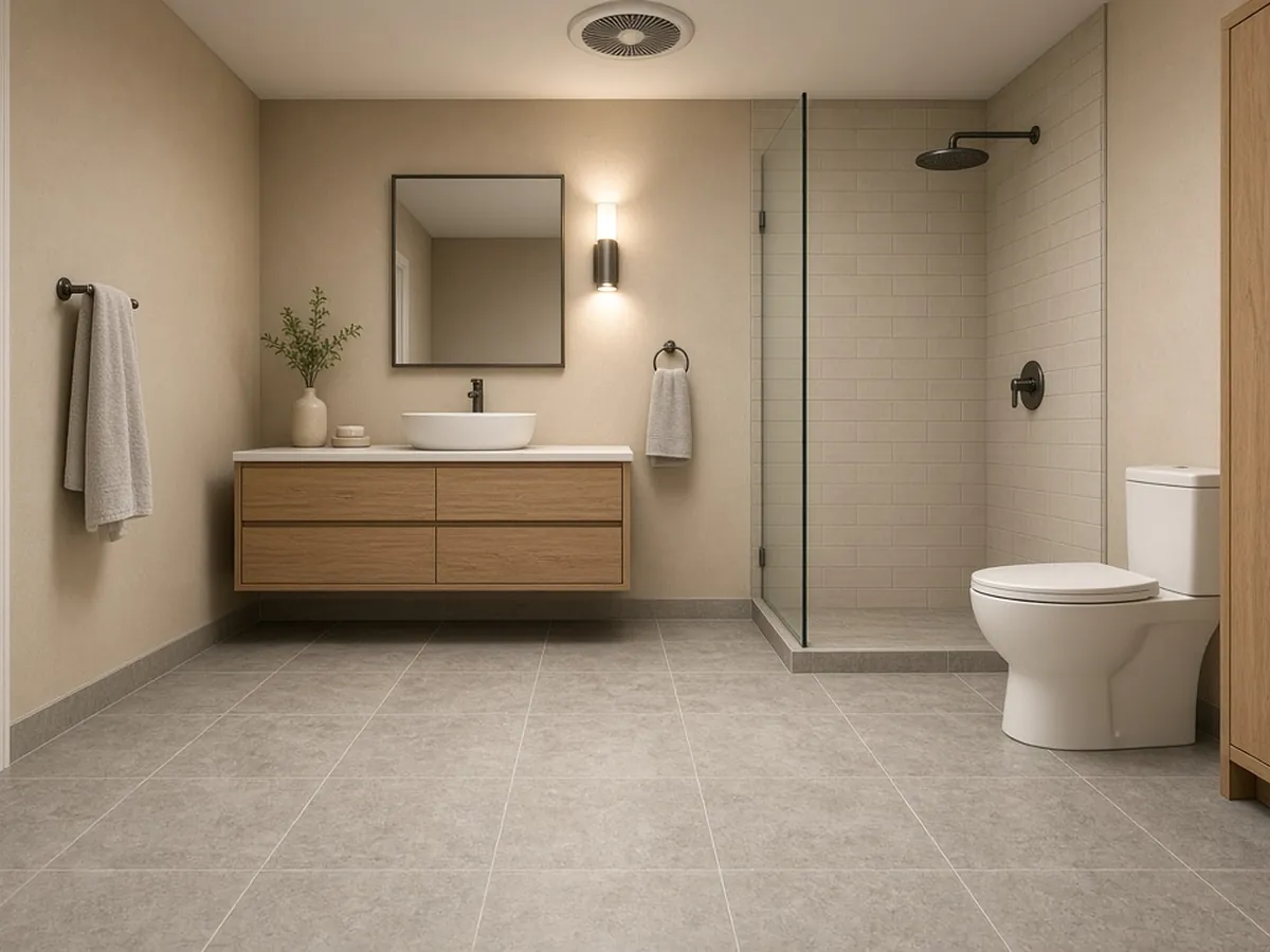 Small bathroom interior with a ceiling exhaust fan used for CFM sizing