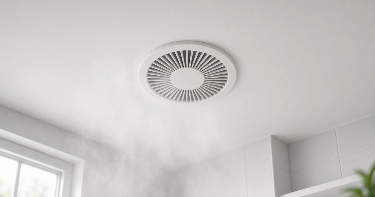 Bathroom ceiling exhaust fan grille with light steam rising toward it