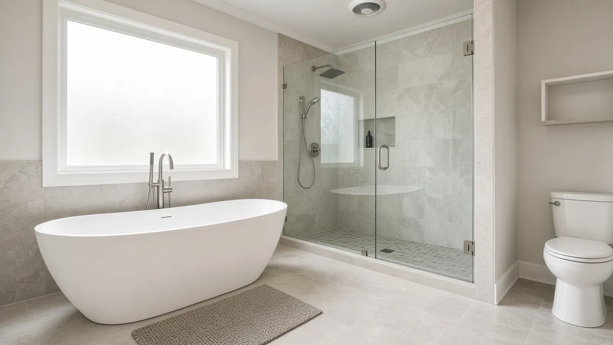 Large bathroom with tub, shower and toilet used for fixture-based CFM sizing