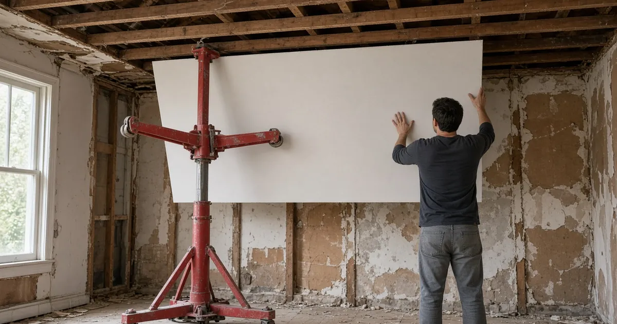A generic drywall lift holding a sheet of drywall against a ceiling joist frame in a room under renovation
