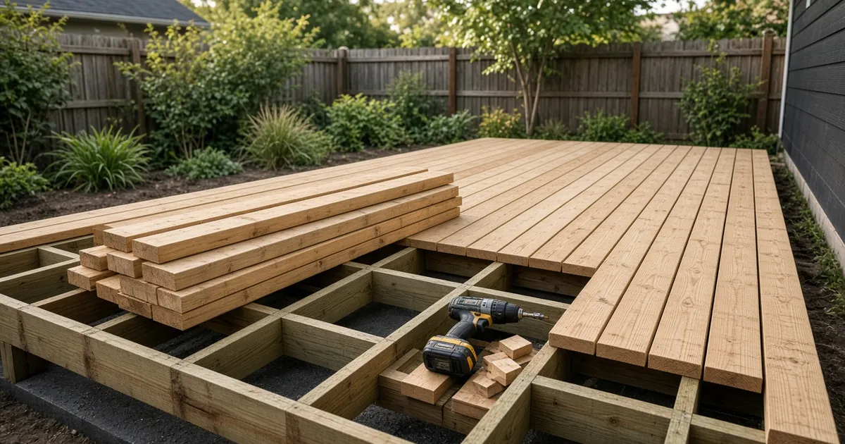 Freshly built wooden deck with a stack of new deck boards waiting on the joists