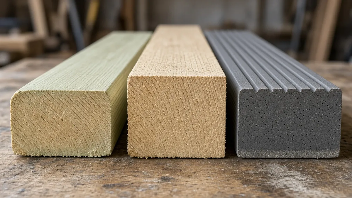 Ends of pressure-treated, composite and two-by deck boards stacked side by side on a workbench