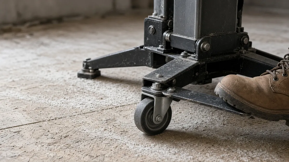 A boot pressing down the caster lock on a drywall lift base on a plywood subfloor