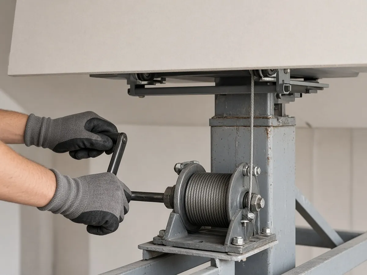 Hands turning the winch handle of a generic drywall lift with a sheet on the cradle