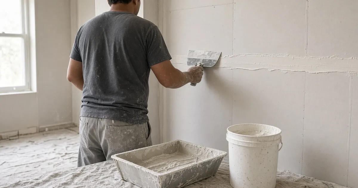 Drywall finisher spreading joint compound over a taped seam on a new drywall wall