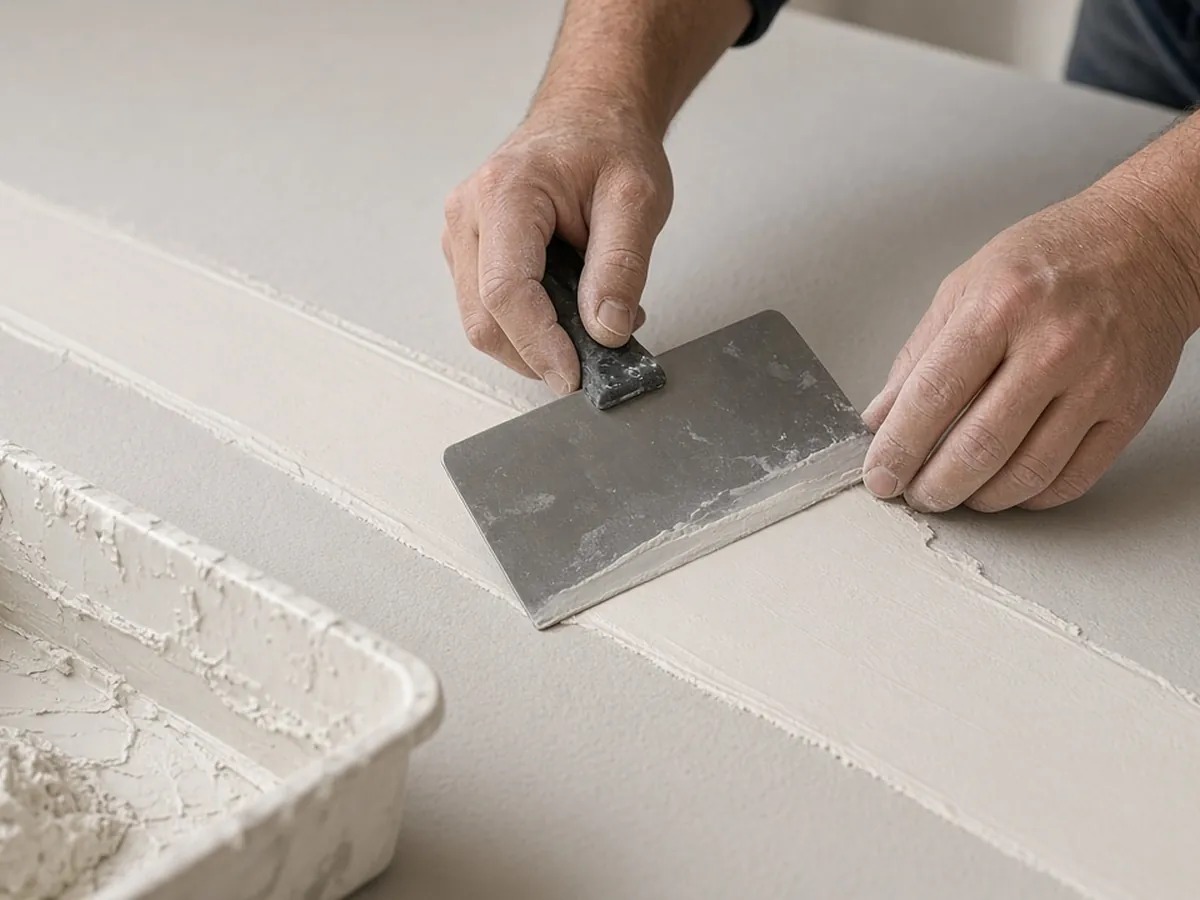 Hands holding a wide taping knife feathering a coat of joint compound over a drywall seam
