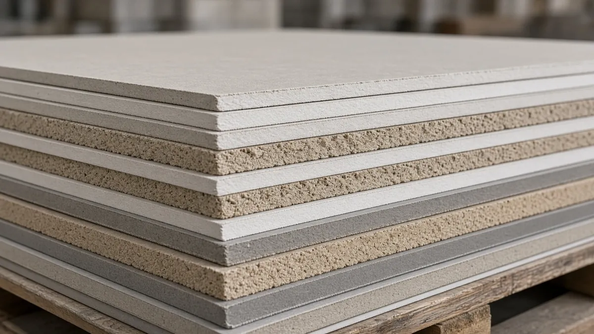 Stacked drywall sheets showing different thicknesses at the cut edges