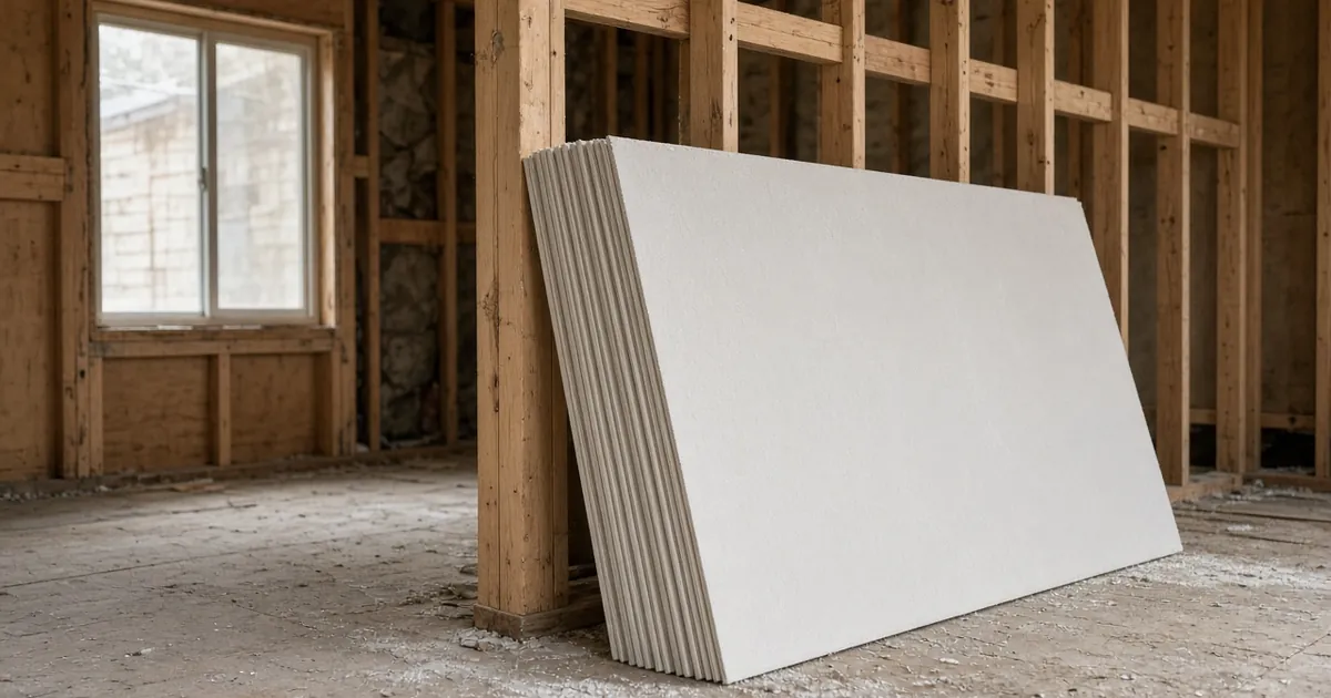 Stack of drywall sheets leaning against unfinished wall studs