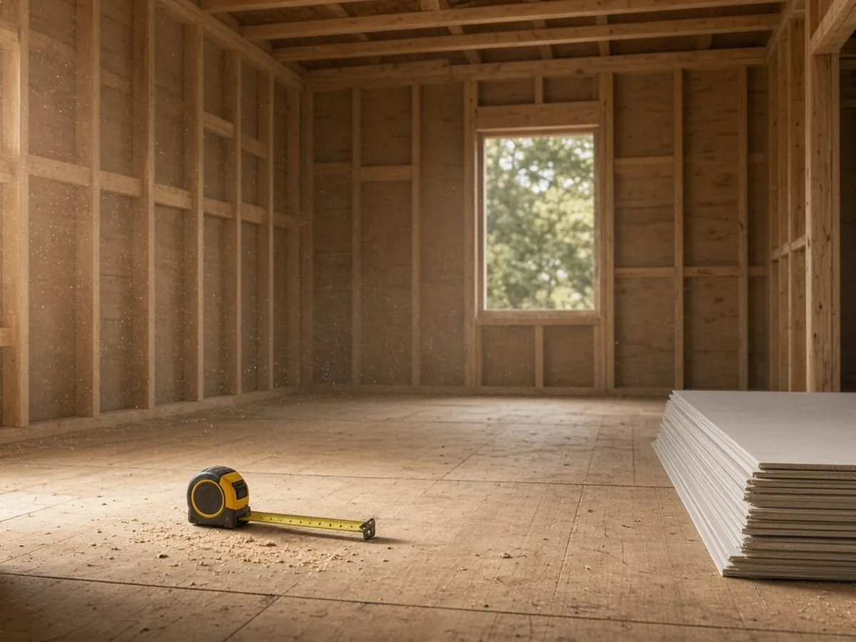Framed room ready for drywall with sheets waiting by the doorway