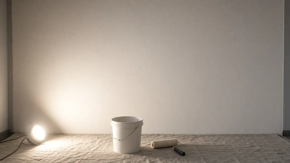 Smooth skim-coated drywall wall under a low raking work light in an empty room