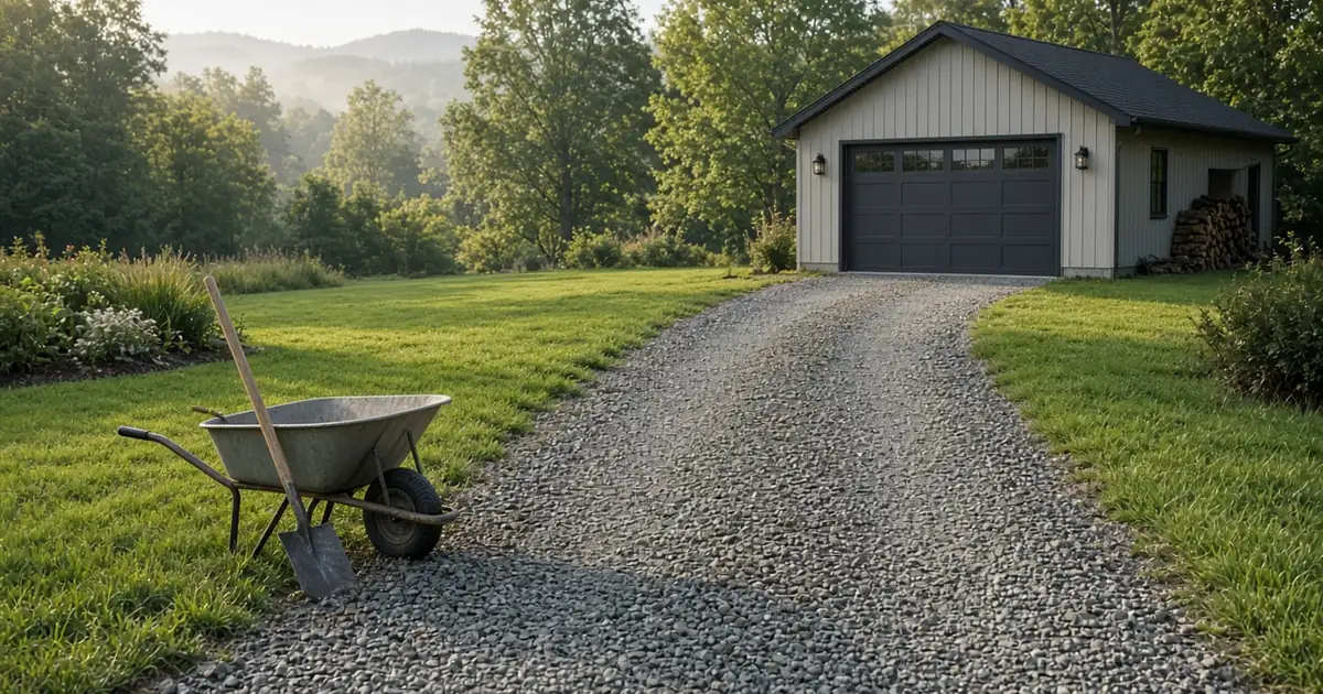 Freshly graded gravel driveway with a wheelbarrow and shovel in the foreground