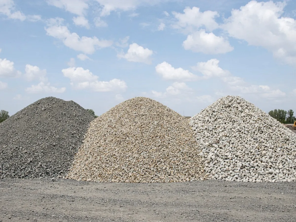 Side-by-side gravel piles of different stone types at a supply yard