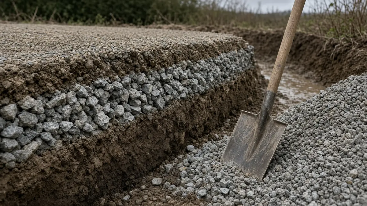 Driveway trench showing base stone and finer top gravel layers