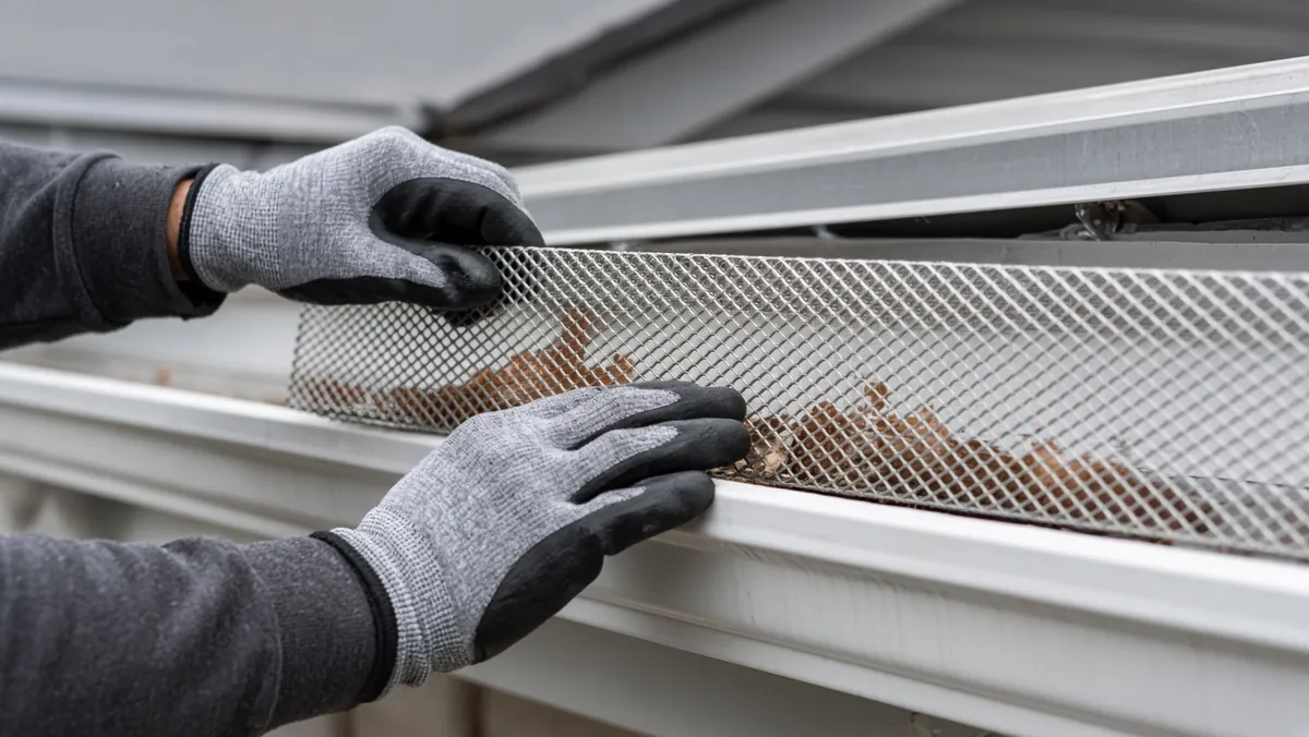 Hands installing a mesh gutter guard into a residential gutter