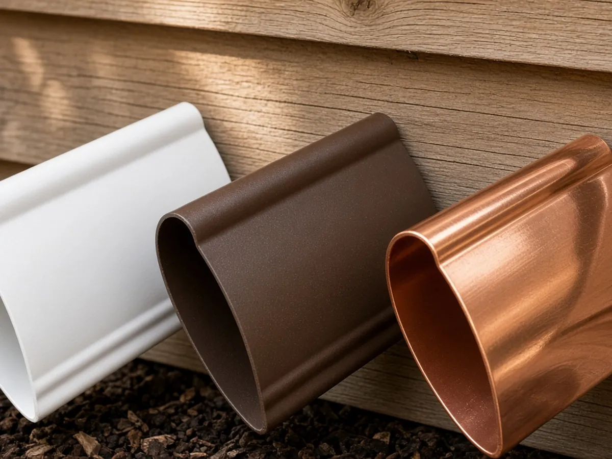 Vinyl, aluminum and copper gutter profile samples against house siding