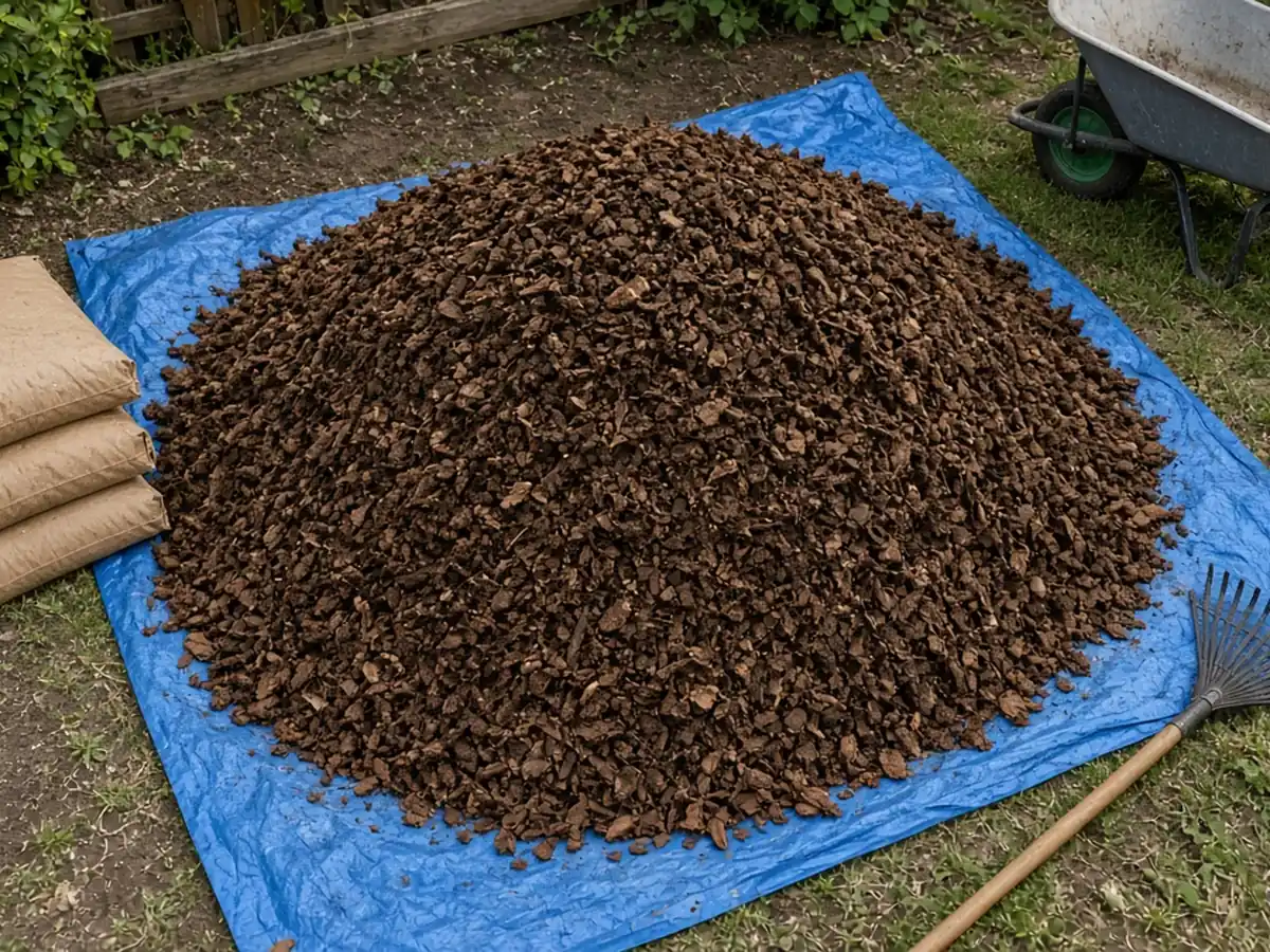 Loose cubic yard of mulch on a tarp beside sealed mulch bags
