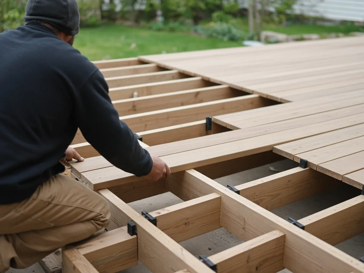 Deck builder from behind laying deck boards across new joists with spacers between rows