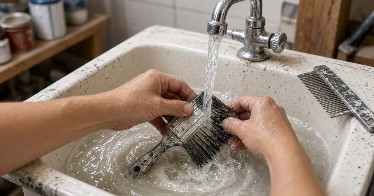 Paint brush rinsing under a faucet with a brush comb nearby