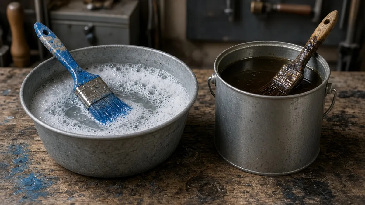 Soap-and-water cleanup beside solvent cleanup for latex versus oil paint brushes