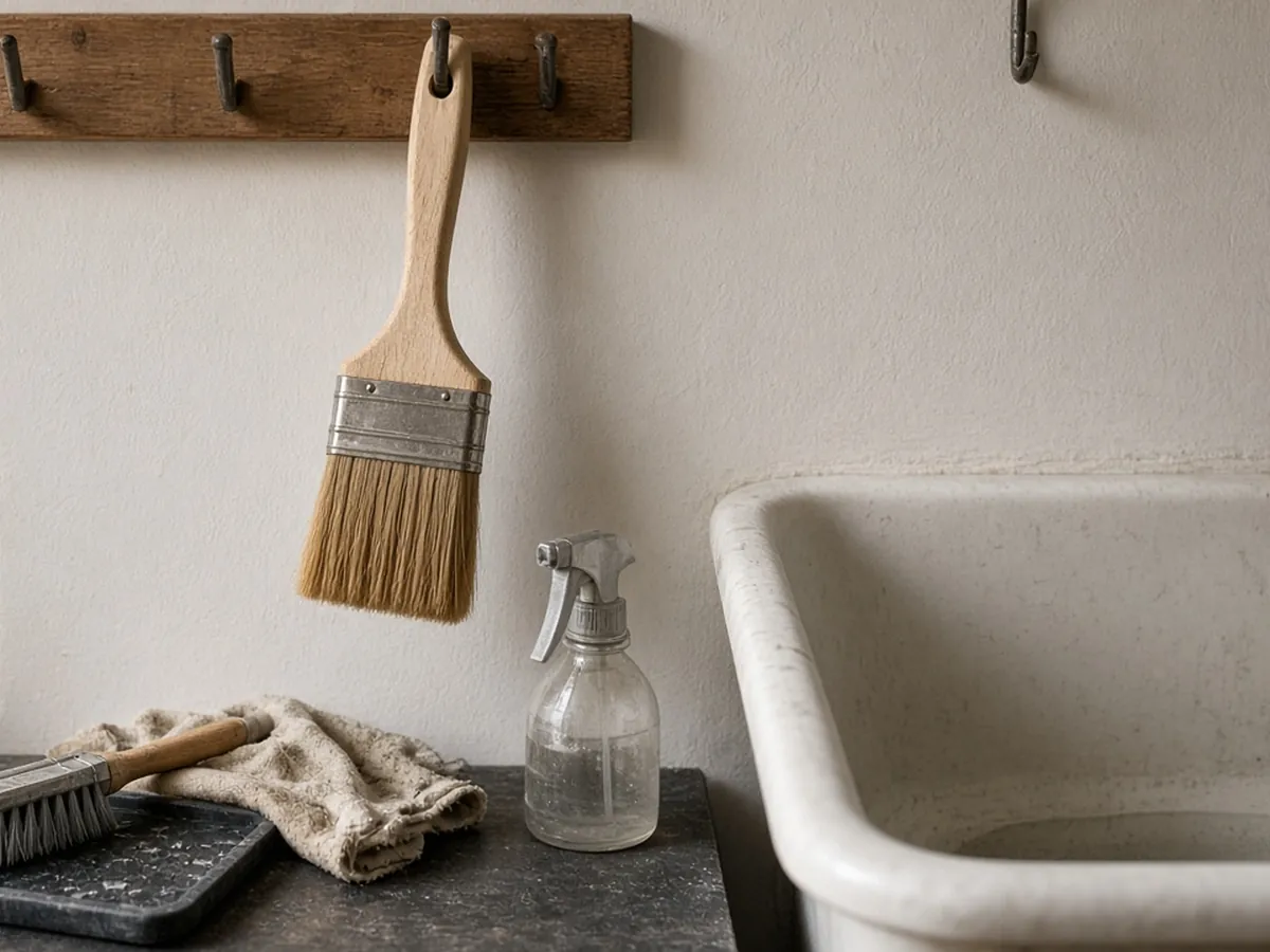 Clean paint brush hanging bristles-down to dry above a workshop sink