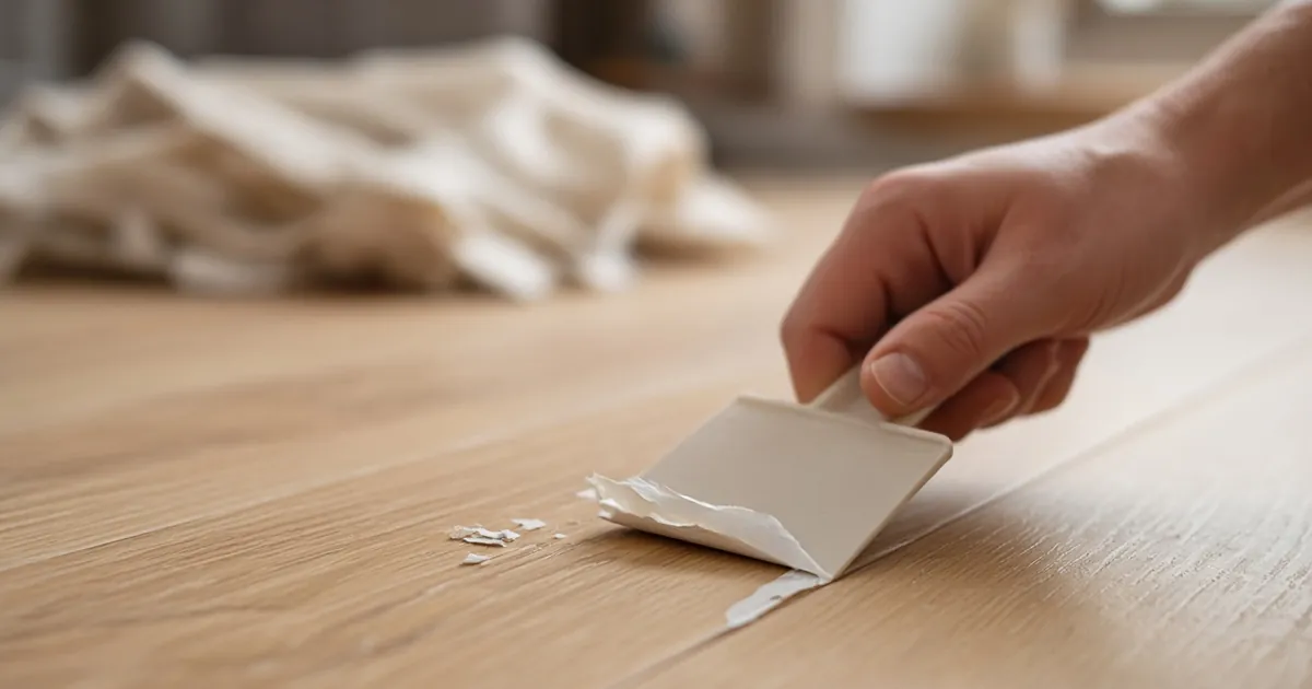 Plastic scraper lifting a dried paint drip from a finished oak floor