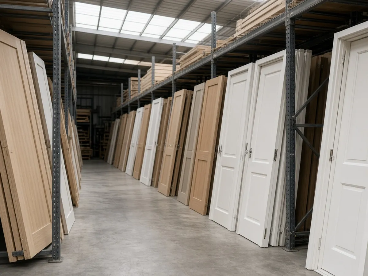 Slab, pre-hung and bifold interior doors stored in a warehouse aisle