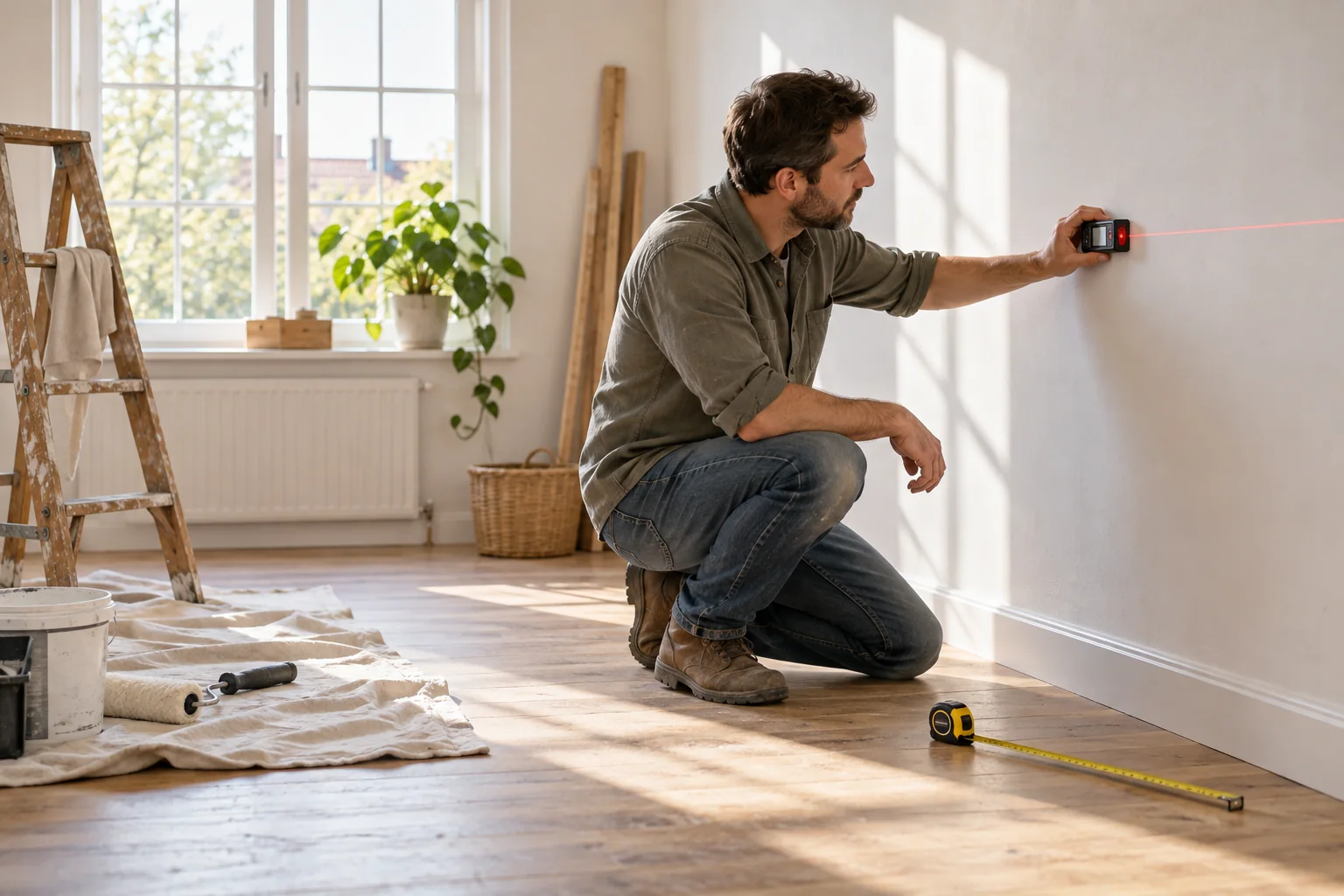 A homeowner aims a laser distance meter at a wall while a steel tape measure rests nearby on the floor.