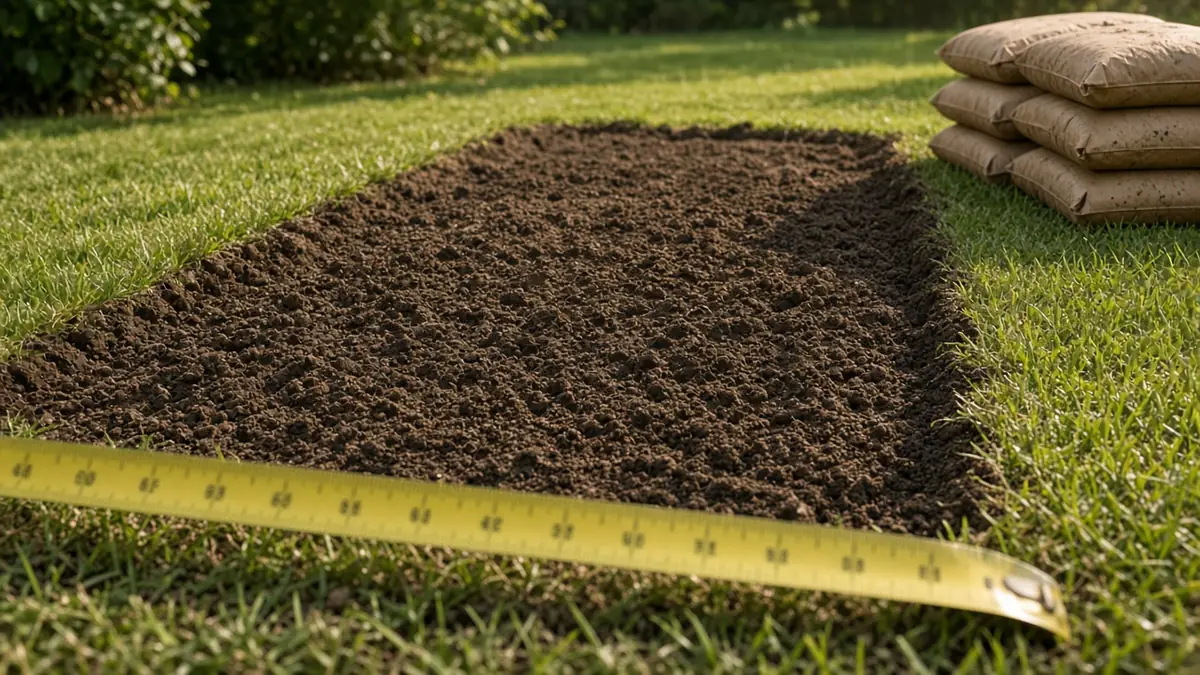 Measuring tape across a garden bed prepared for a mulch bag estimate
