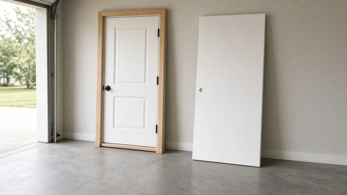 Pre-hung interior door in its frame beside a bare slab door