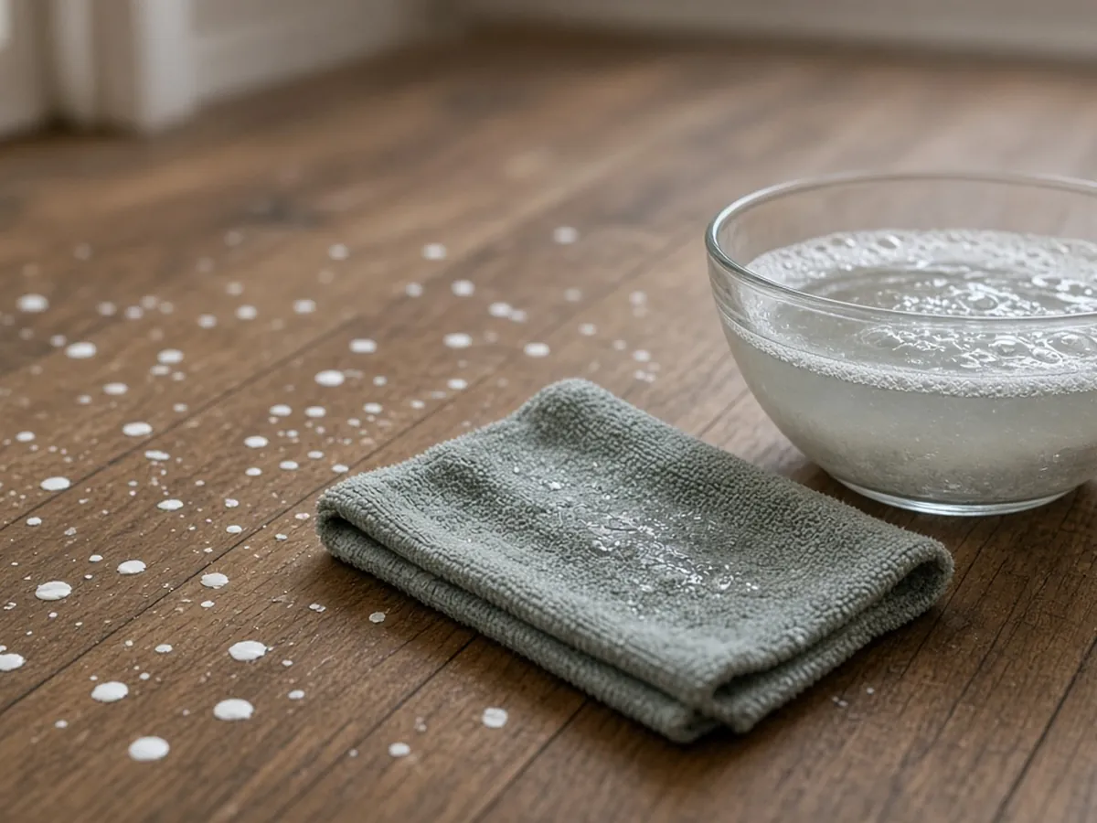 Damp cloth and bowl of soapy water beside white latex paint drops on a hardwood floor
