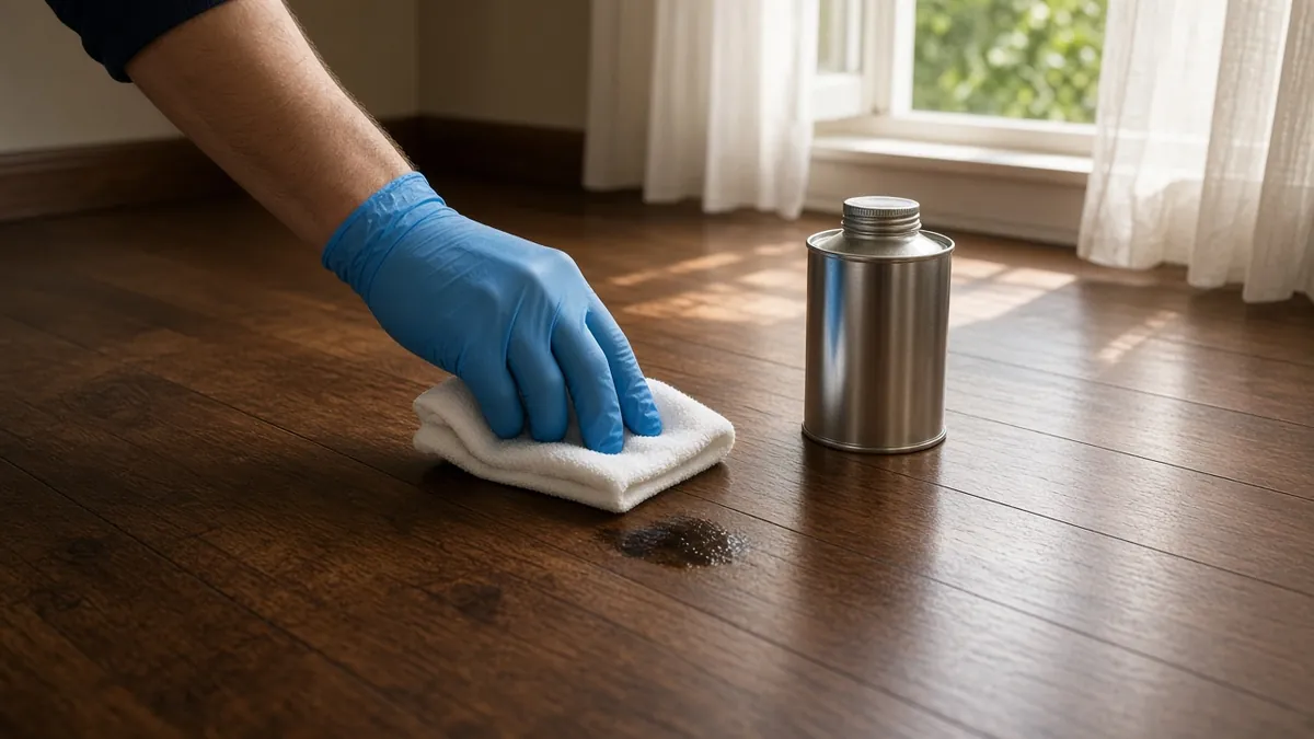 Hand in a glove wiping a paint spot on a hardwood floor with a folded cloth beside an open window