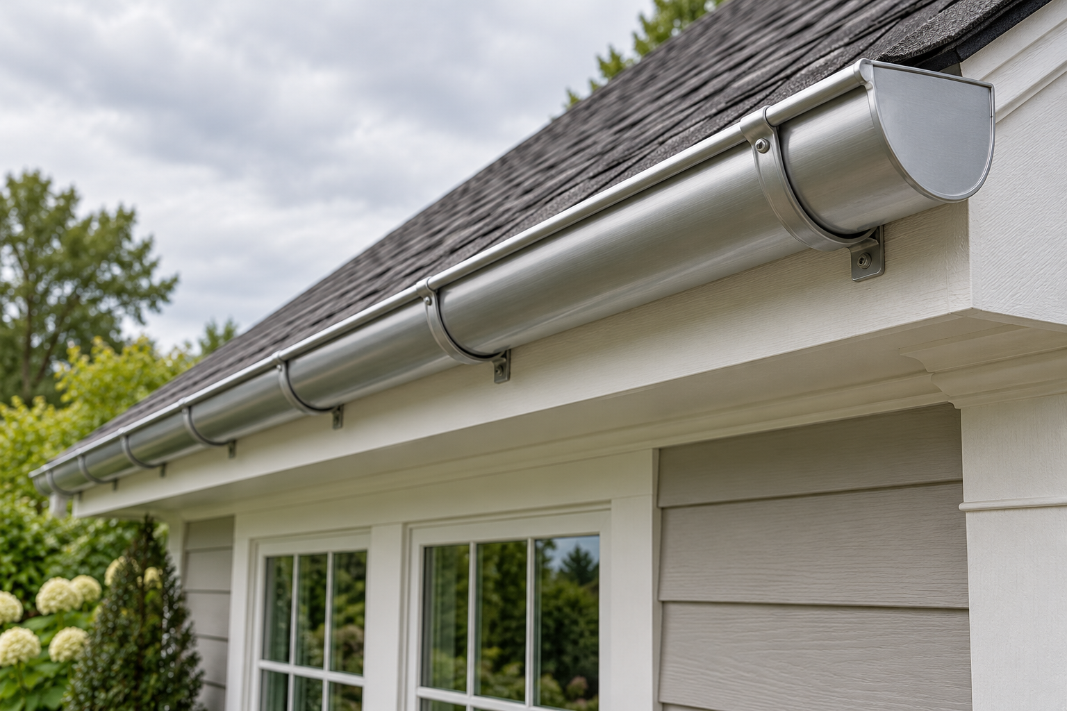 Half-round metal gutter and its mounting brackets viewed from ground level along a house fascia.