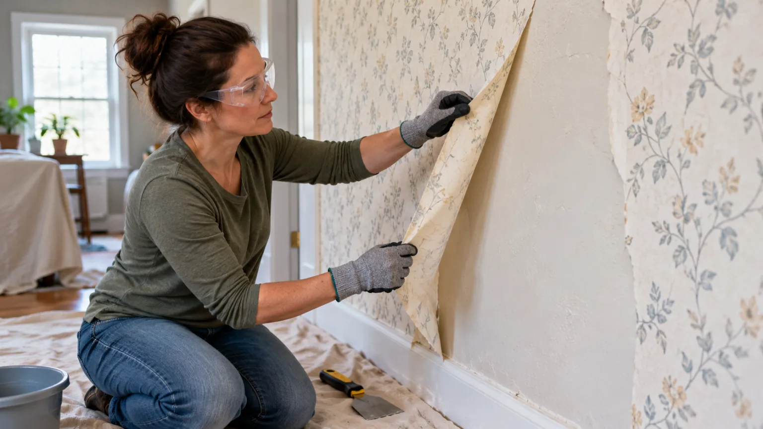 Homeowner carefully peeling wallpaper from a wall during a room renovation