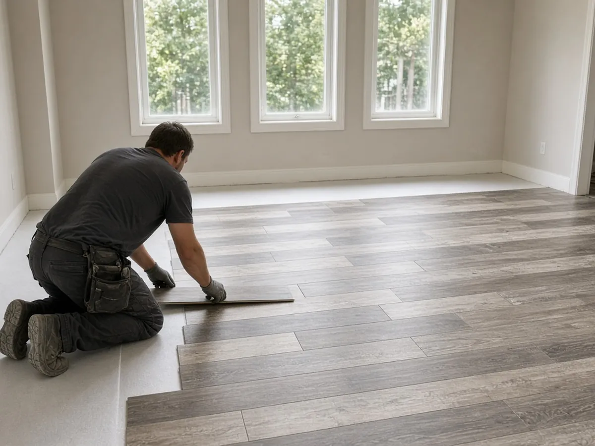 Installer from behind locking vinyl planks across a mid-size room
