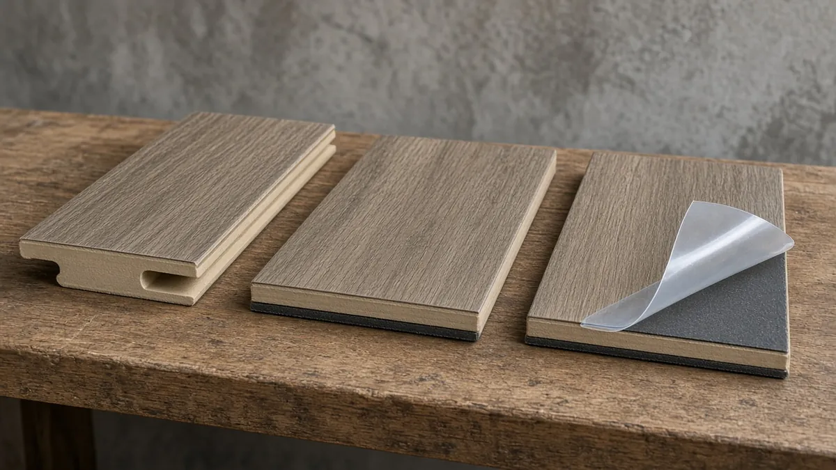 Click-lock, glue-down and peel-and-stick vinyl plank samples on a workbench