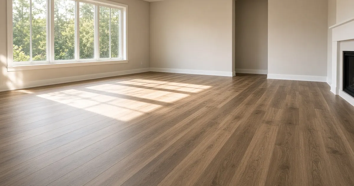 Freshly installed luxury vinyl plank flooring in a sunlit living room