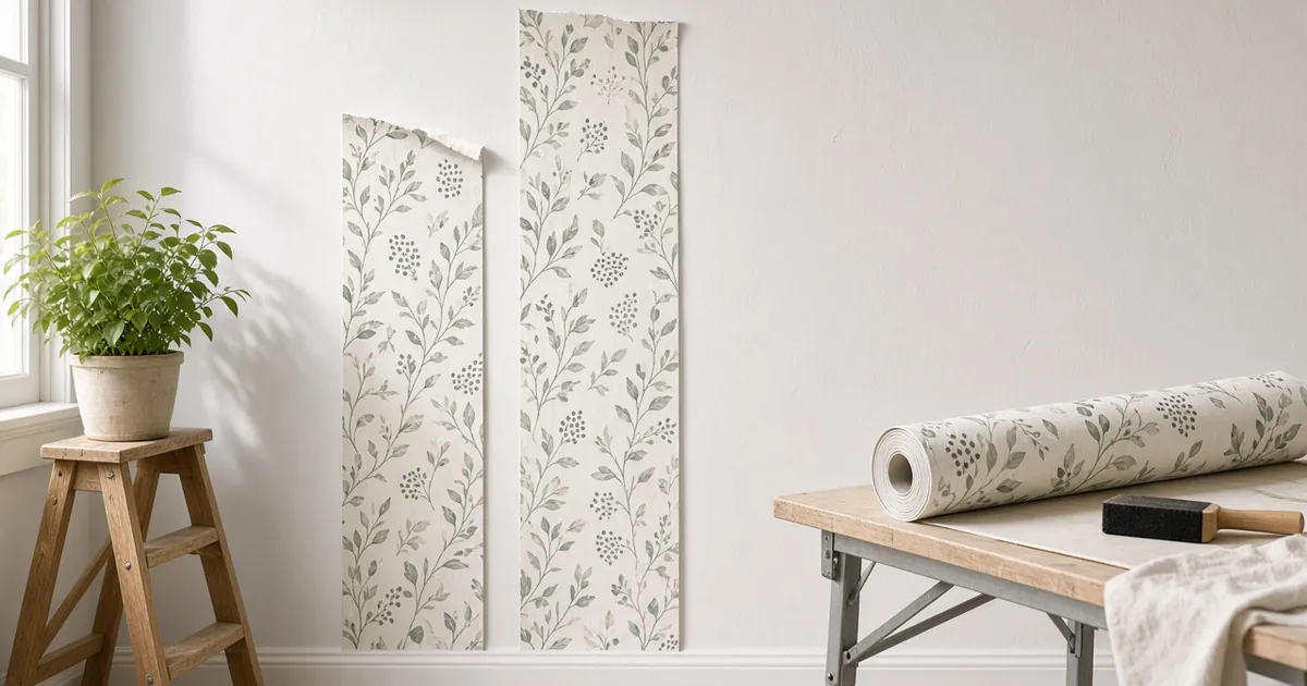 Wallpaper strips on a wall with a roll resting on a pasting table