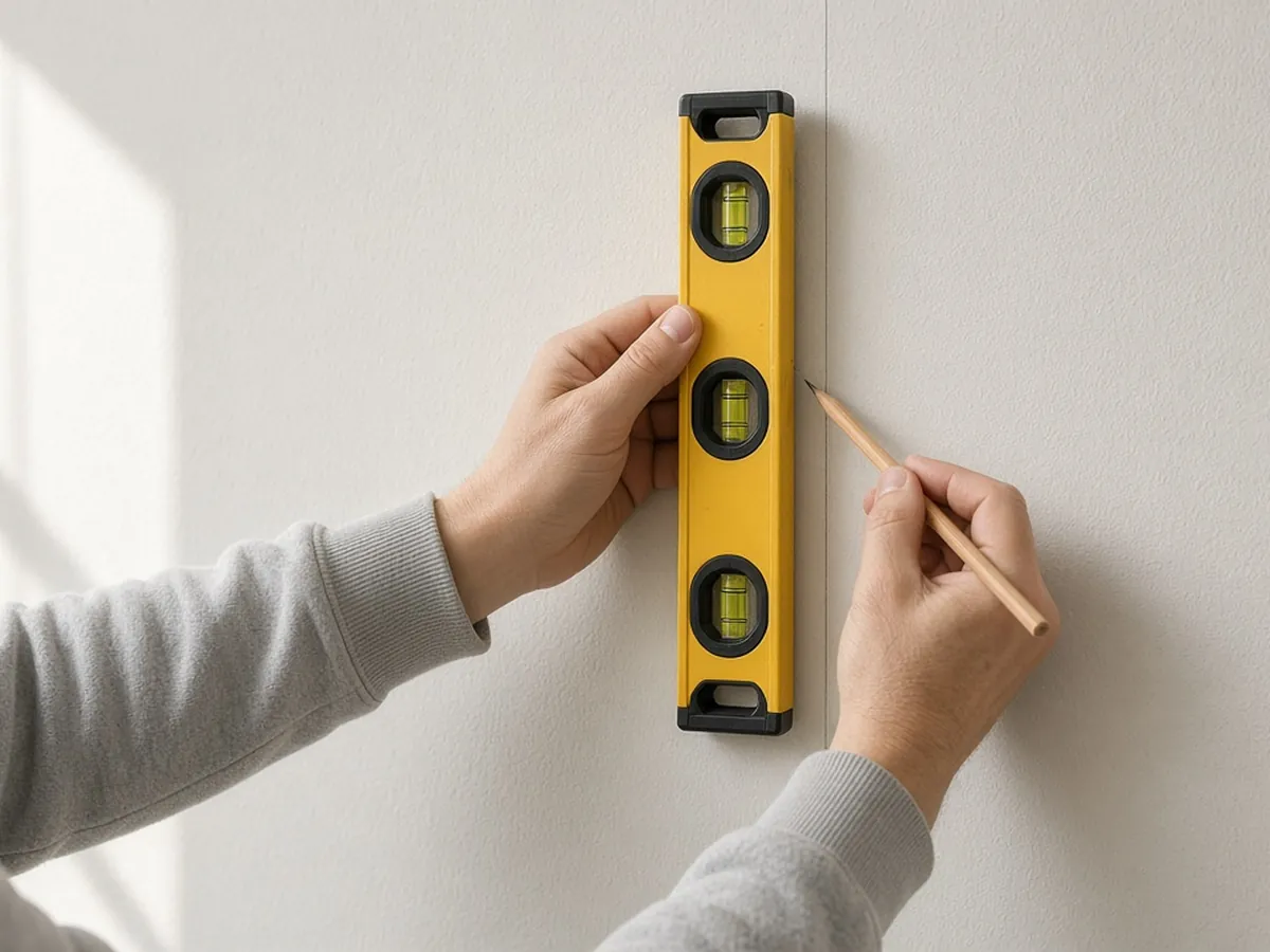 Hands marking vertical wallpaper strip guidelines on a blank wall