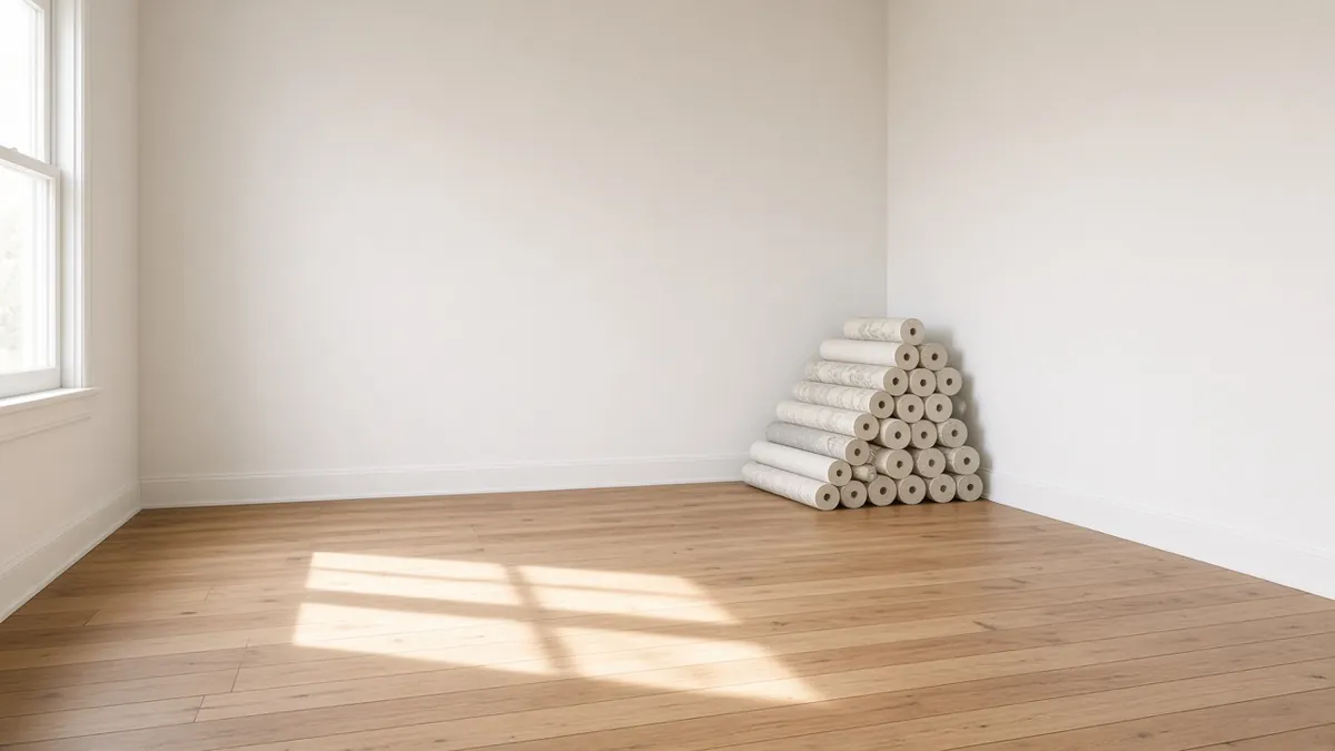 Empty room with primed walls and stacked wallpaper rolls for estimating coverage